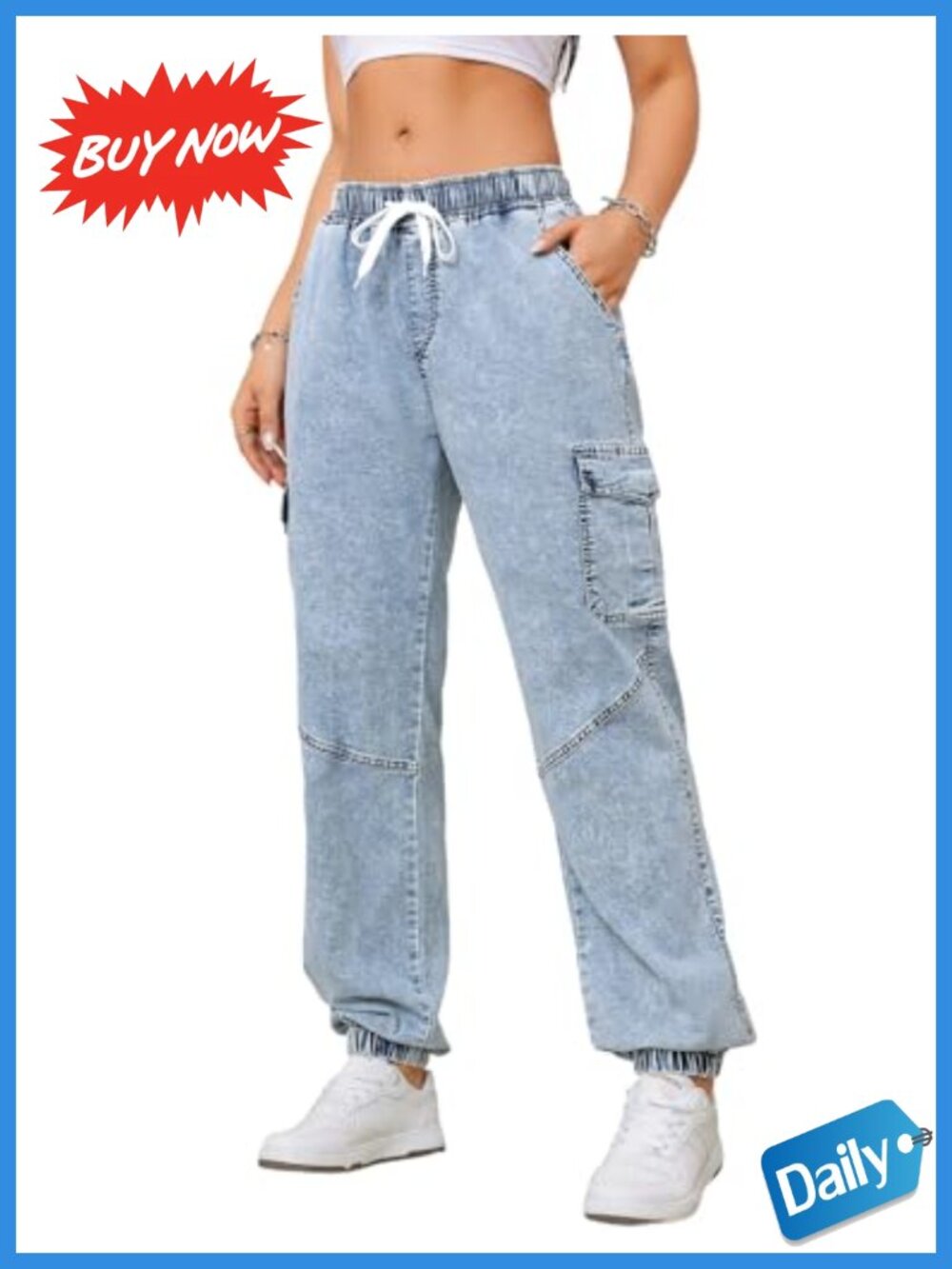 Women's Stretch Denim Joggers Drawstring Elastic Waist Athletic Fit